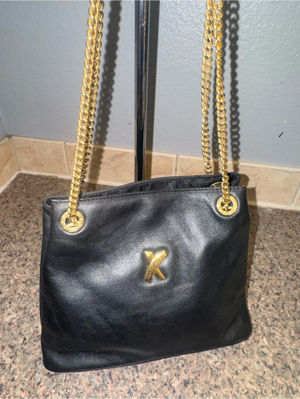 Paloma Picasso Black Leather Shoulder Bag with Gold Chain EUC